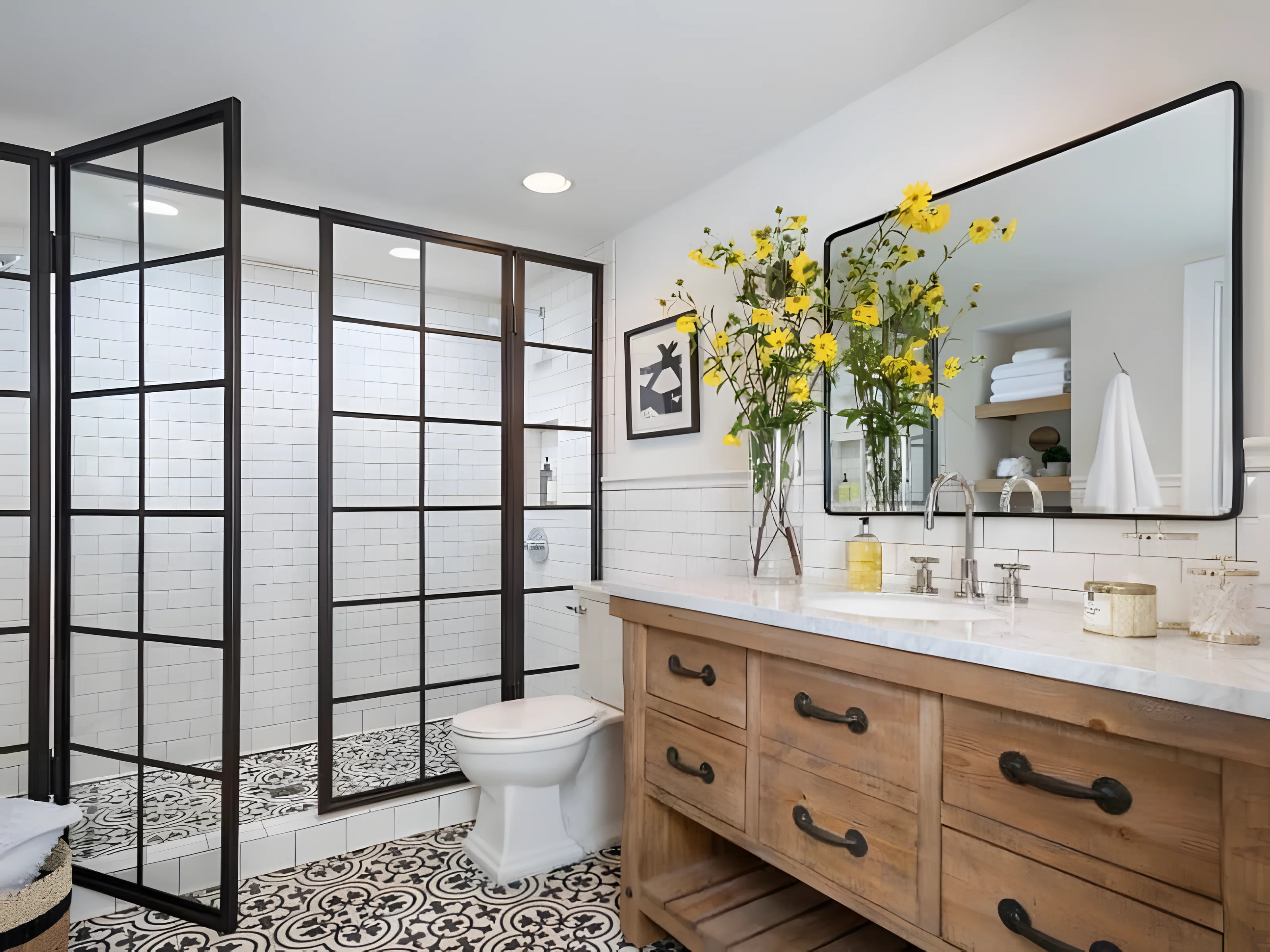 Modern bathroom with floral arrangement and stylish decor
